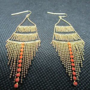 Gold Mesh Chandelier Earrings With Coral Accents
